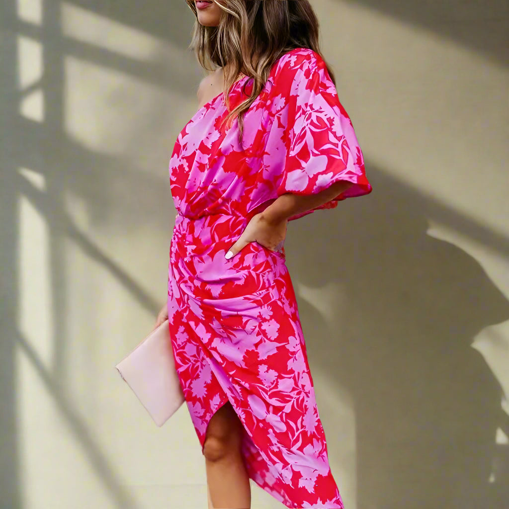 Flame Bloom One-Shoulder Dress