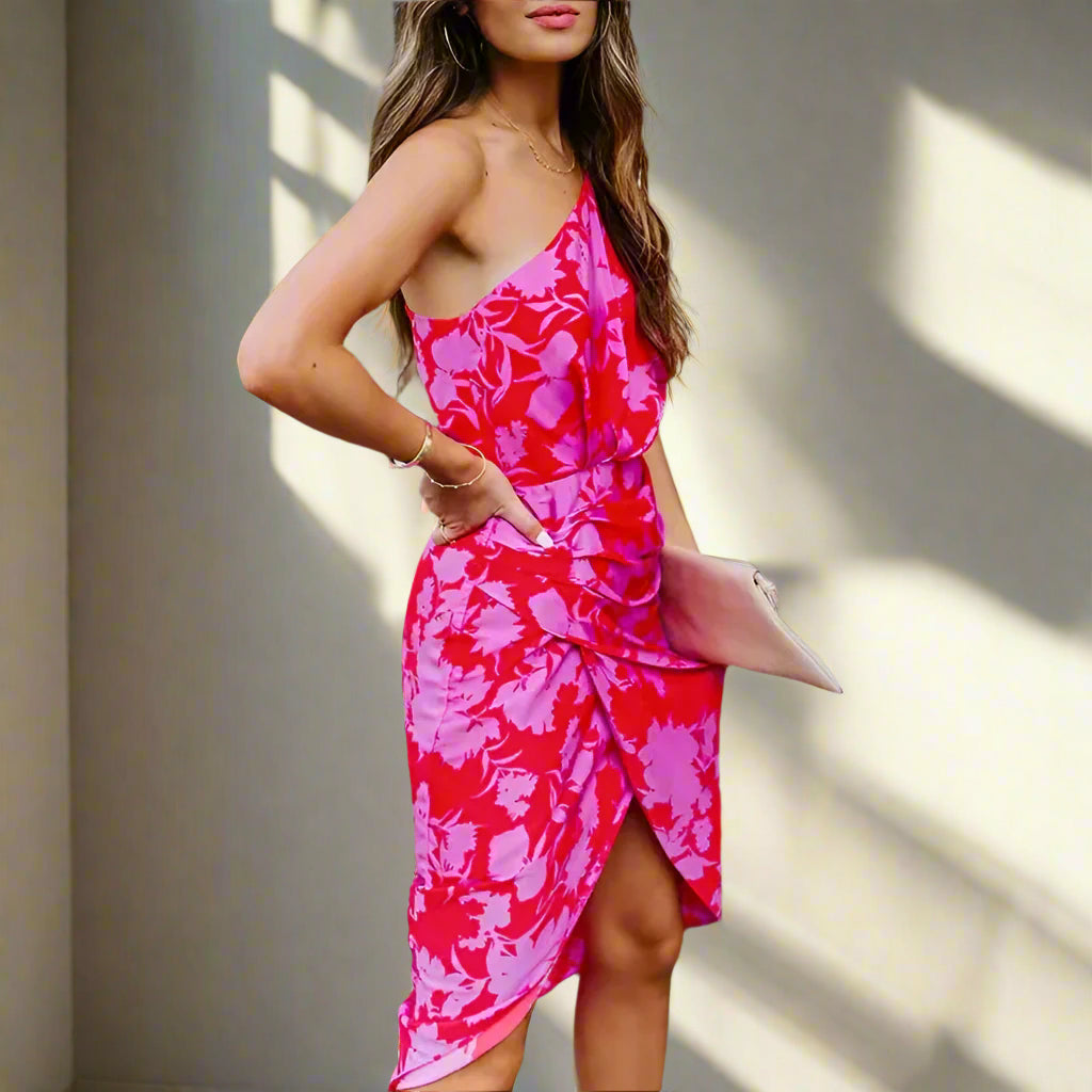 Flame Bloom One-Shoulder Dress