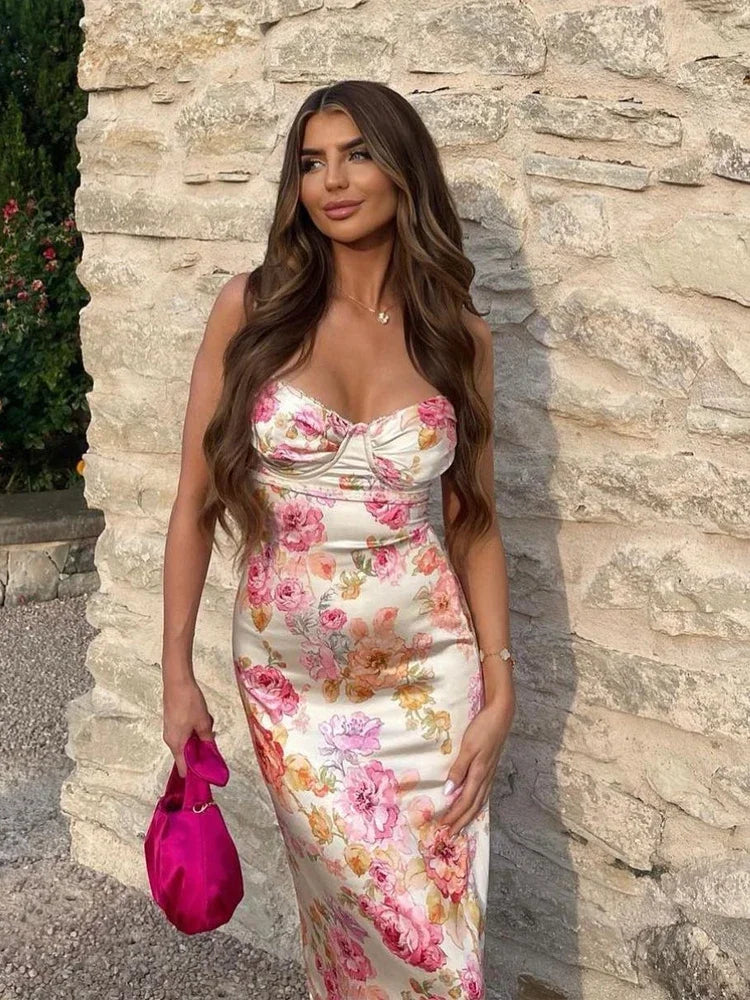 Capri Rosé – Satin Floral Maxi Dress