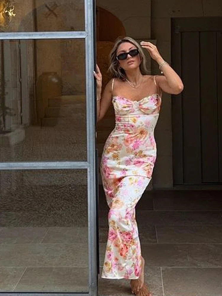 Capri Rosé – Satin Floral Maxi Dress